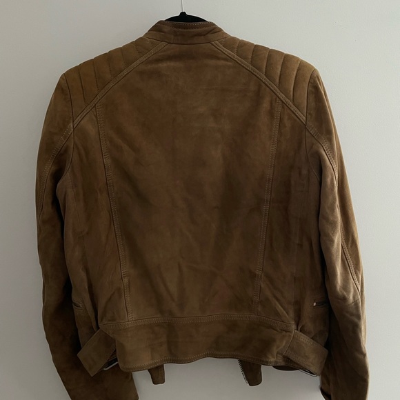 All Saints Kerr Real Suede Biker Jacket Tan Brown Leather Buckle Zips Size 8 - Picture 5 of 5